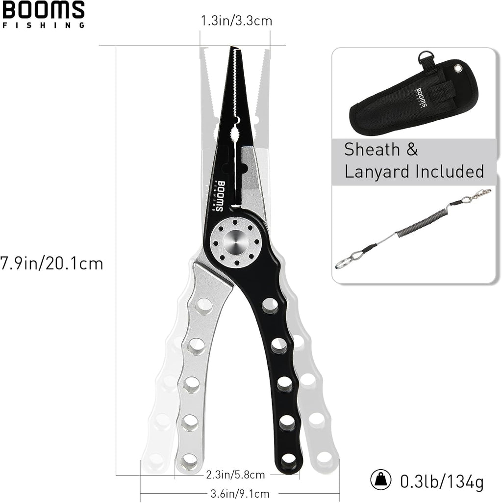 Booms Fishing X1 Aluminum Fishing Pliers Saltwater, Surf Fishing Tackle Kit, Fishing Multitool Hook Remover Braided Fishing Line Cutting and Split Ring with Coiled Lanyard and Sheath