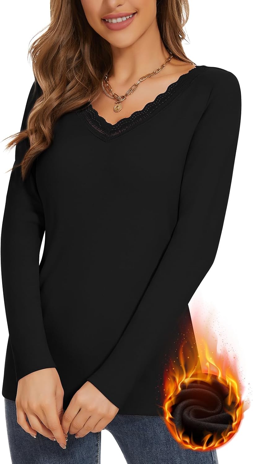 WOWENY Women Thermal Long Sleeve Shirt Fleece Lined Basic Fitted Tops Lace V Neck Undershirts Winter Tight Base Layer