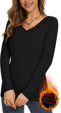 WOWENY Women Thermal Long Sleeve Shirt Fleece Lined Basic Fitted Tops Lace V Neck Undershirts Winter Tight Base Layer