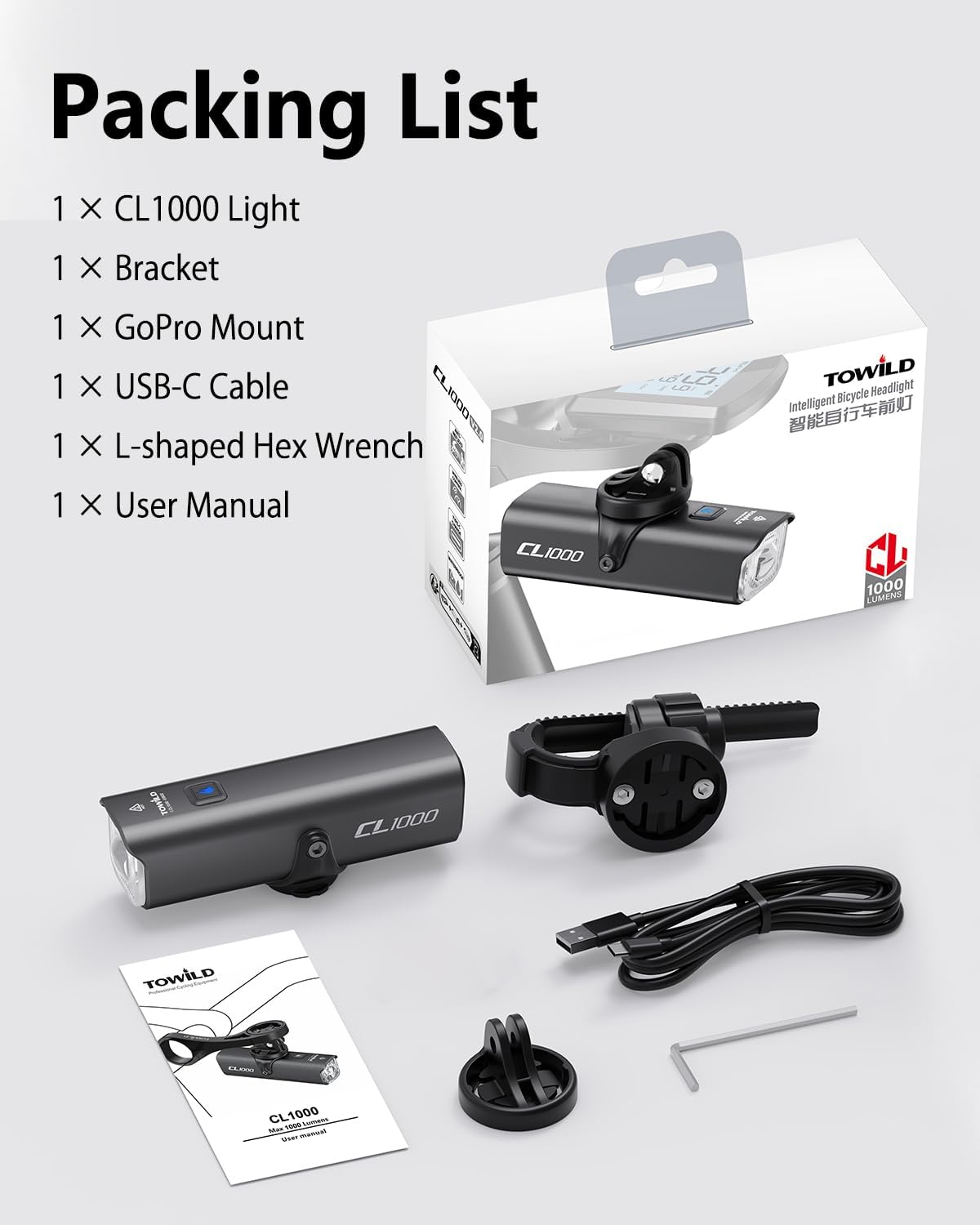 TOWILD Bike Lights for Night Riding,Compatible with Garmin/GoPro Mount,Rechargeable Battery,Waterproof Bike Front Light for Commuter Cyclists-Fits All Bikes