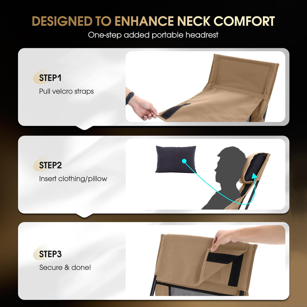 MOON LENCE Oversized High Back Camping Chair for Adults, Height Adjustable Folding Camp Chair | 400 lbs Capacity & 5.4 lbs Weight, Hidden Pillow Pocket Wide Seat for Camping Fishing Overlanding, Khaki