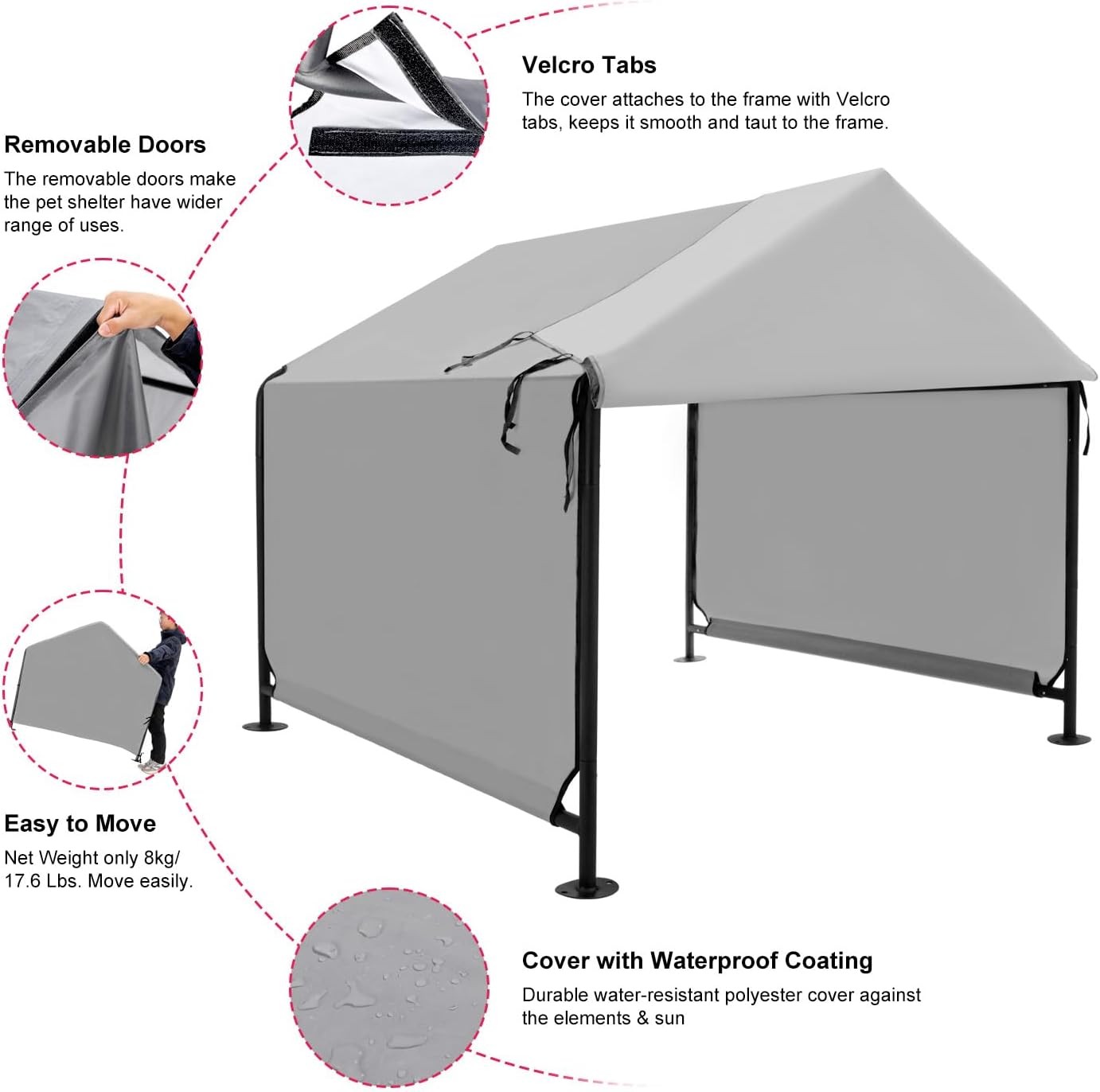 4x4 FT Extra Large Dog House Outdoor with Upgraded Doors, Weatherproof Dog Shade Shelter for Outside, Sun Rain Canopy Pet House for Large Dogs, Large Dog Tent Outdoor, Grey