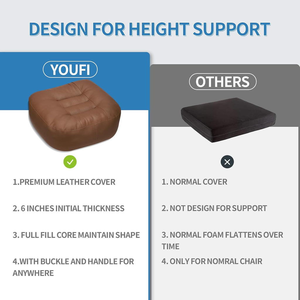 YOUFI Leather Seat Cushion Extra-Thick Booster for Office Chair to Rise Height - Full Filling for Support - with Breathable Cover, Handle and Buckle - Relieves Back Pain – 18"x16"x6" (Brown)