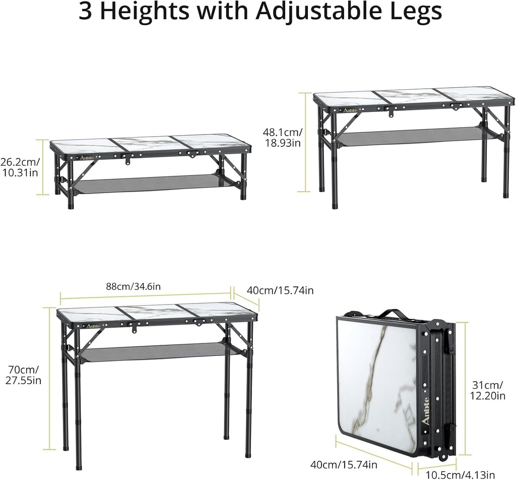 Anbte 3ft Folding Camping Table, 3 Adjustable Height Max 27.5", White