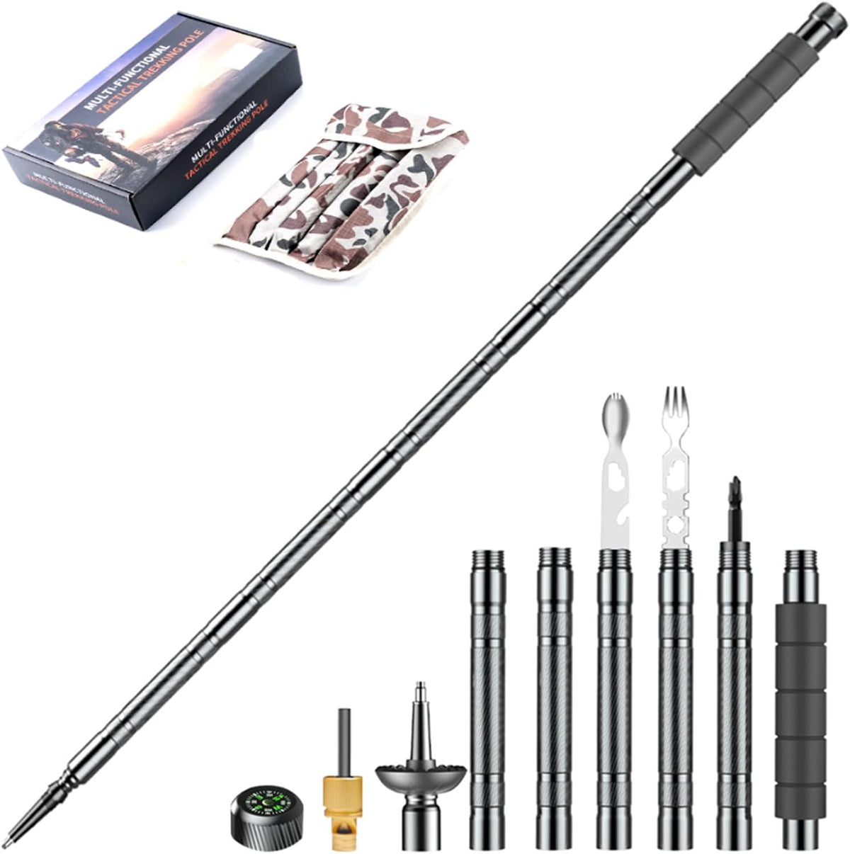 Trekking Pole Tactical Walking Stick,Multifunctional Lightweight Aluminum Collapsible Survival Hiking Pole with Storage Bag for Women Men Seniors Camping Backpacking