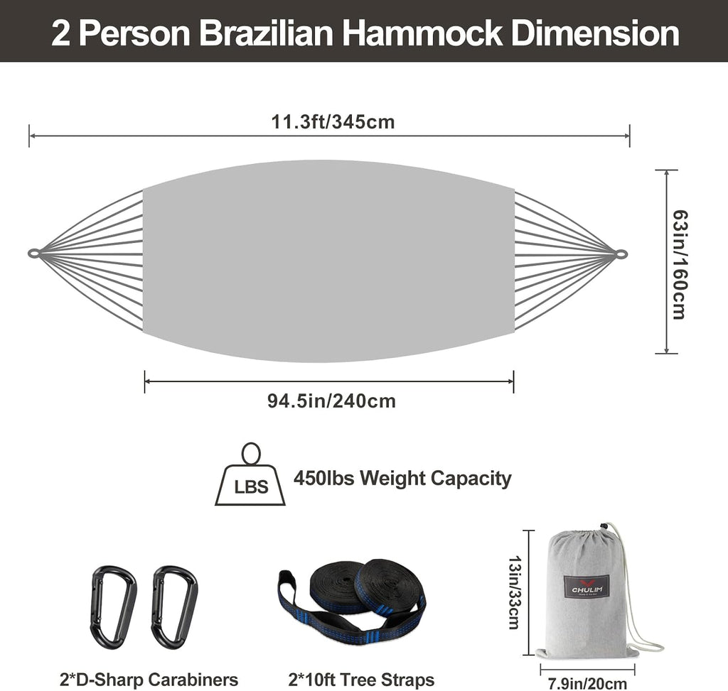 Brazilian Double Hammock with Tree Straps, Extra Large, 450 lbs Capacity