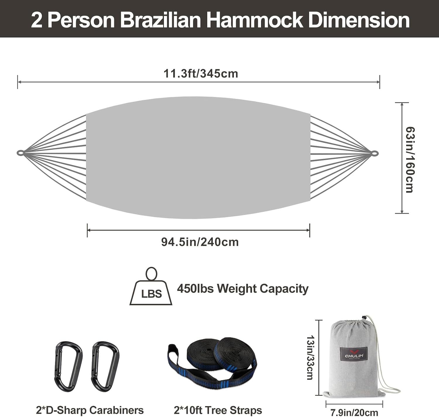 Brazilian Double Hammock with Tree Straps, Extra Large, 450 lbs Capacity
