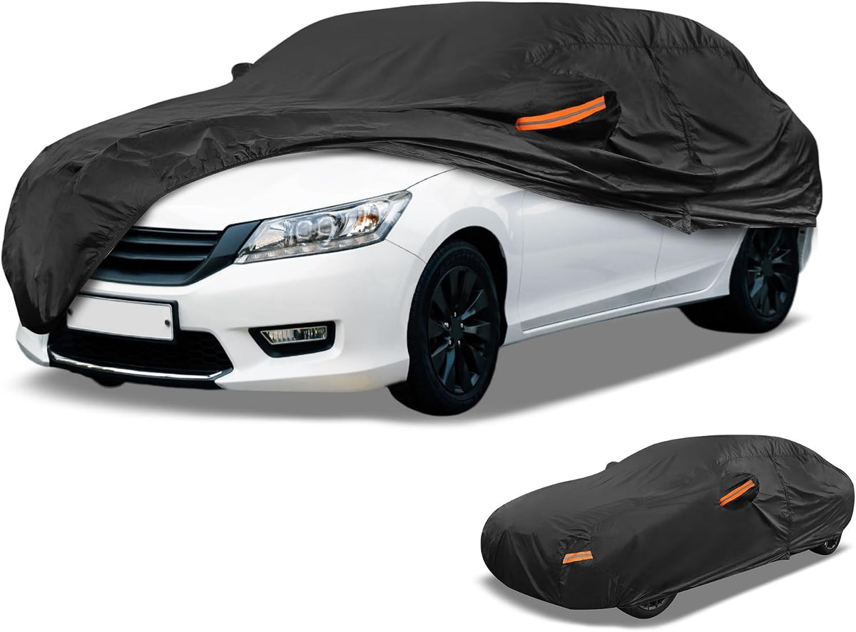 Universal Car Cover Waterproof All Weather 210D-PU, UV Sun Rain Protection, Fits for Sedan Length Up to 177", with Left Side Zipper, Black