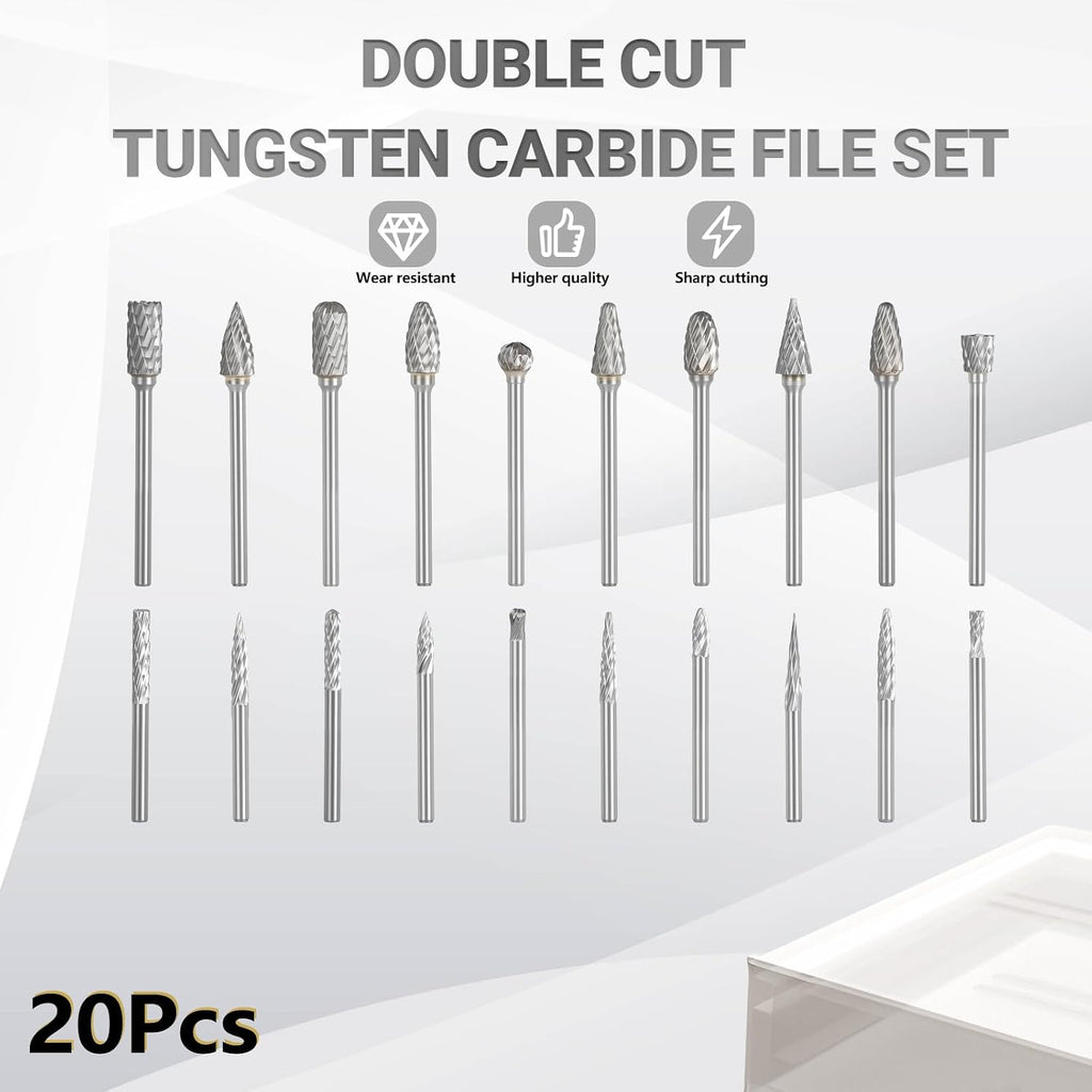 CATITO 20Pcs Carbide Burr Set 1/8" Shank Die Grinder Bits Rotary File Rasp Attachments Cutting Burrs Metal Grinding Engraving Porting