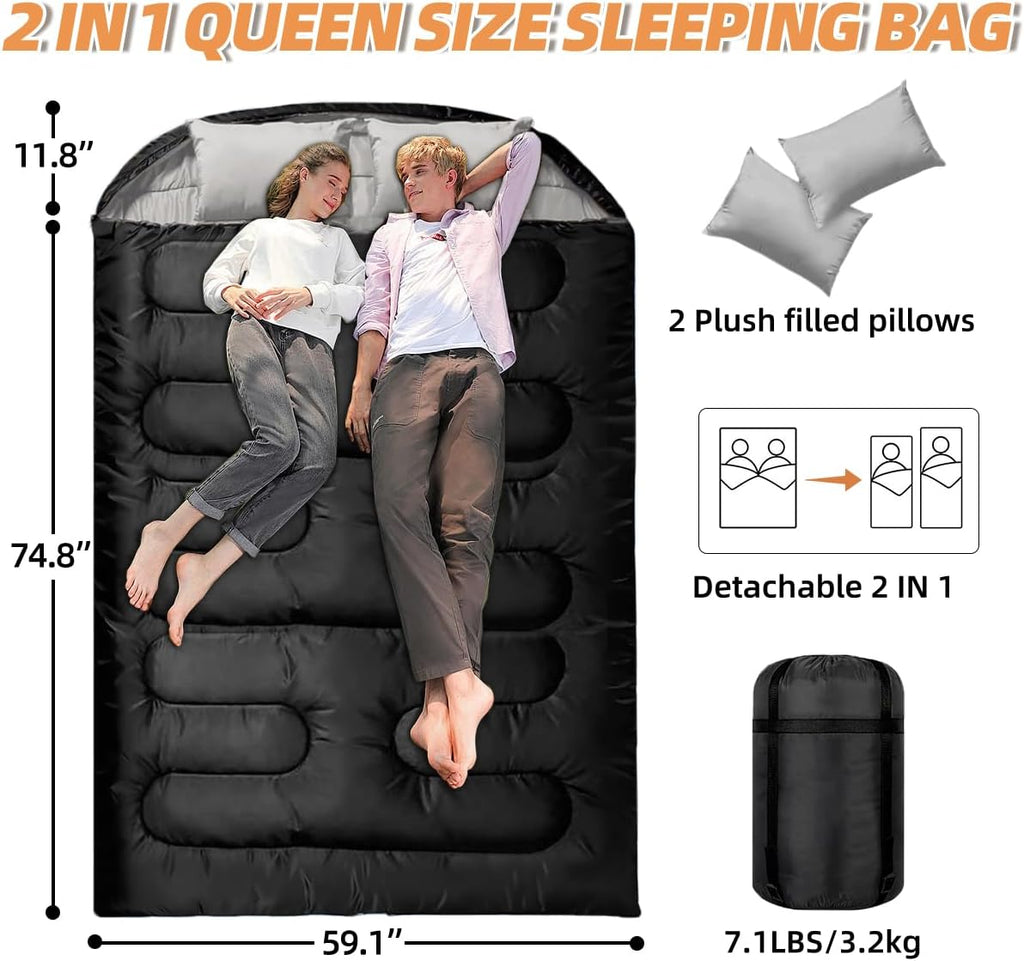 Double Sleeping Bags for Adults, 2 Person Camping Sleeping Bag for Cold & Warm Weather