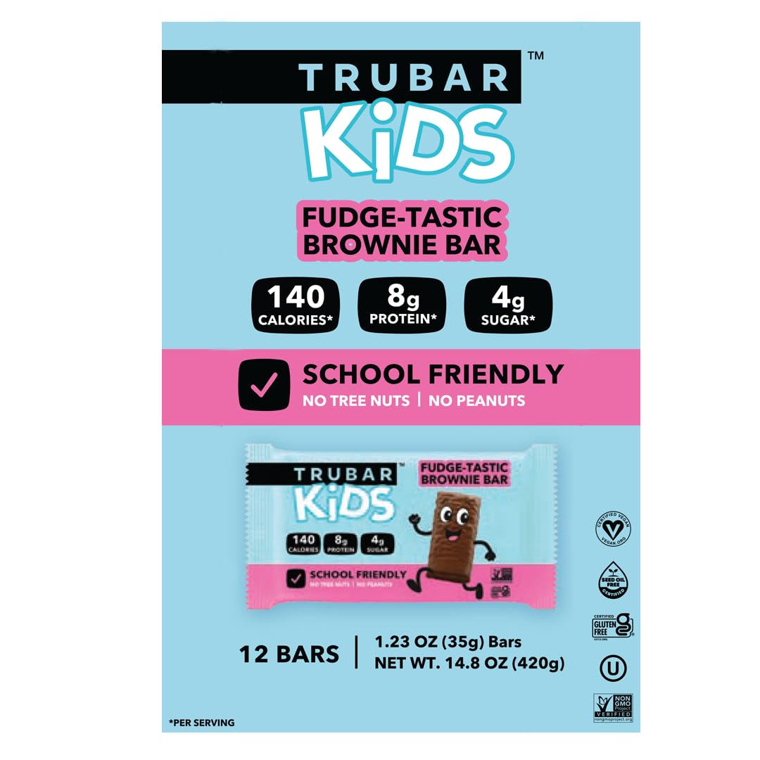 TRUBAR Kids Protein Bars, Fudge-Tastic Brownie, Plant Based Protein, Gluten Free School-Friendly Snacks for Lunchboxes, Tree Nut and Peanut Free, Low Sugar, Healthy On the Go Snack Bars, 12 Count