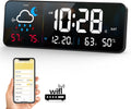 Digital Wall Clock, Digital Clock Large Display with Network Auto-Synced, Corded Smart LED Alarm Clocks Real-Time Shows Weather, Indoor/Outdoor Temp Humidity for Living Room Bedroom Classroom Office