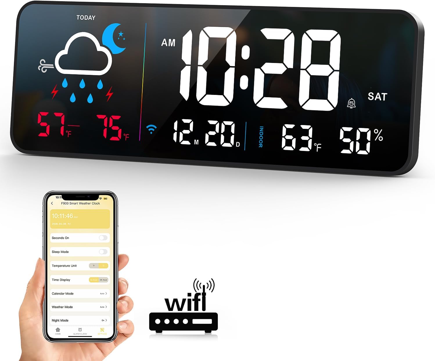 Digital Wall Clock, Digital Clock Large Display with Network Auto-Synced, Corded Smart LED Alarm Clocks Real-Time Shows Weather, Indoor/Outdoor Temp Humidity for Living Room Bedroom Classroom Office