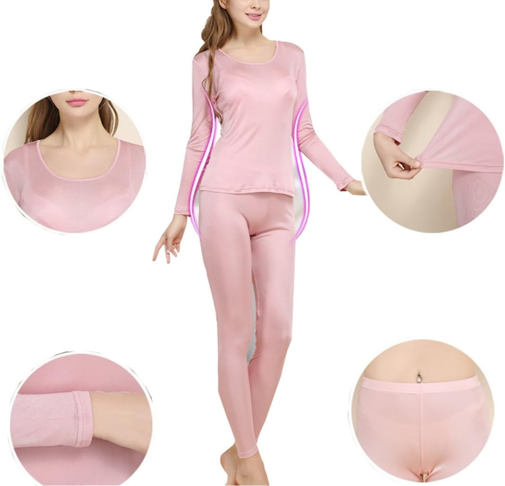 Grenasasilk Womens Silk Long Underwear Mulberry-silk Long Johns Thermal Underwear Sets Cold Weather Base Layer