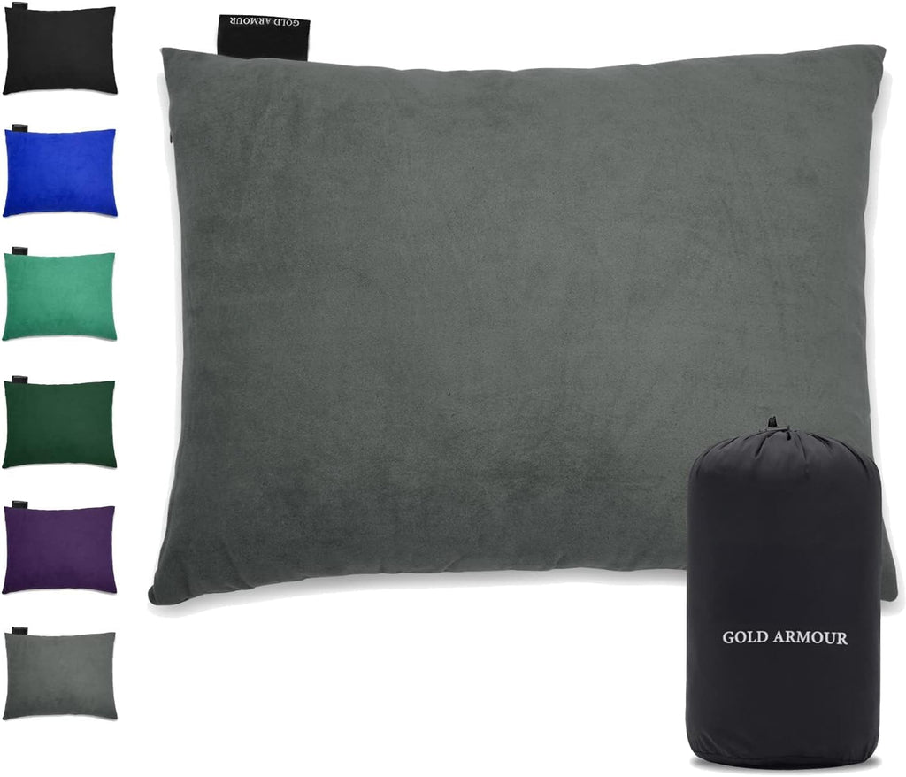 Gold Armour Camping Pillow - Backpacking and Travel Pillow for Sleeping and Traveling - Compressible Memory Foam Travel Pillow - Essential Camping Accessories Gear (Medium 14x18in, Blue)