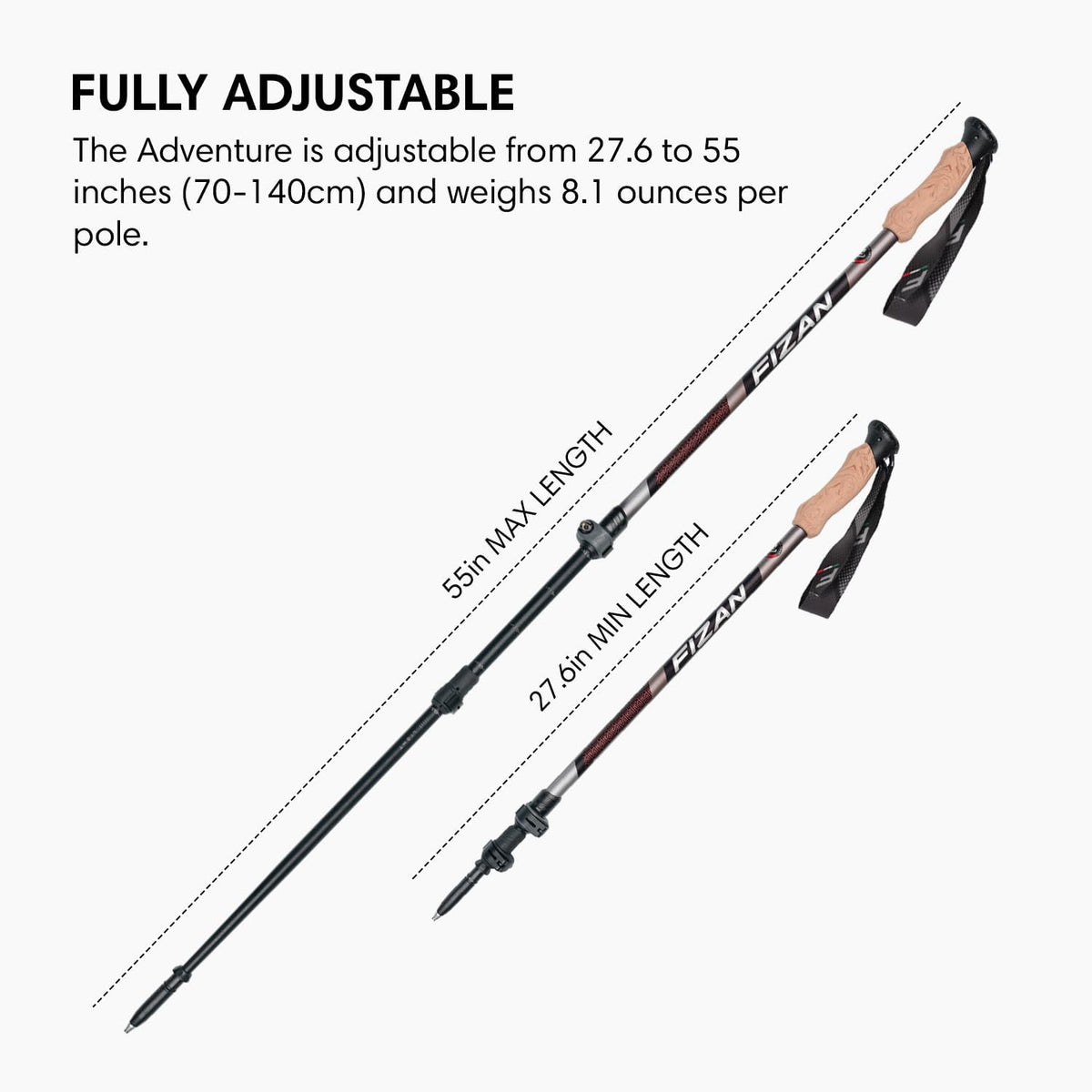 Fizan Adventure Trekking Poles – Ultralight, Backpacking, Thru Hiking Poles, Adjustable, Collapsible, Customized Fit, Cork Grips, Aluminum Walking Sticks