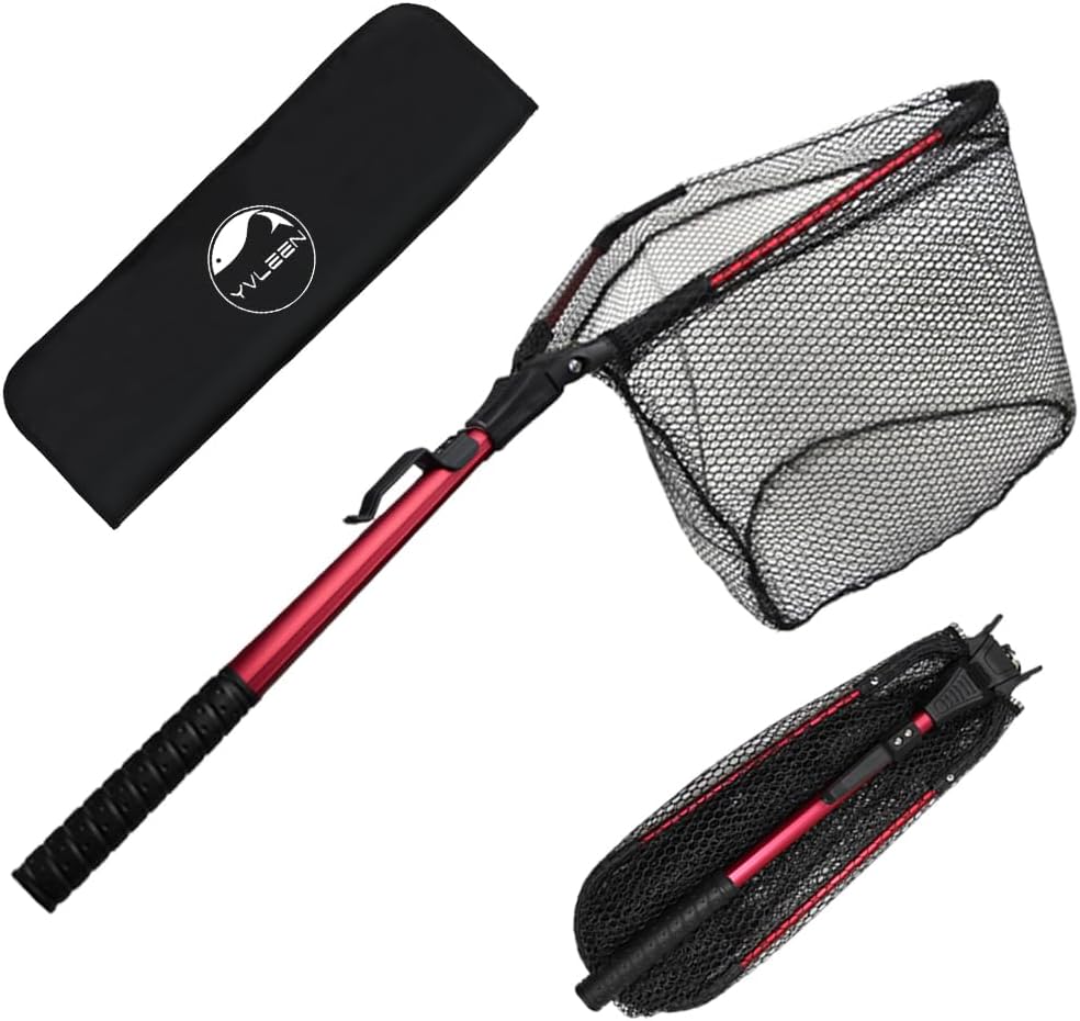 YVLEEN Folding Fishing Net - Foldable Fish Landing Net Robust Aluminum Telescopic Pole Handle and Nylon Mesh 16inch Hoop Size