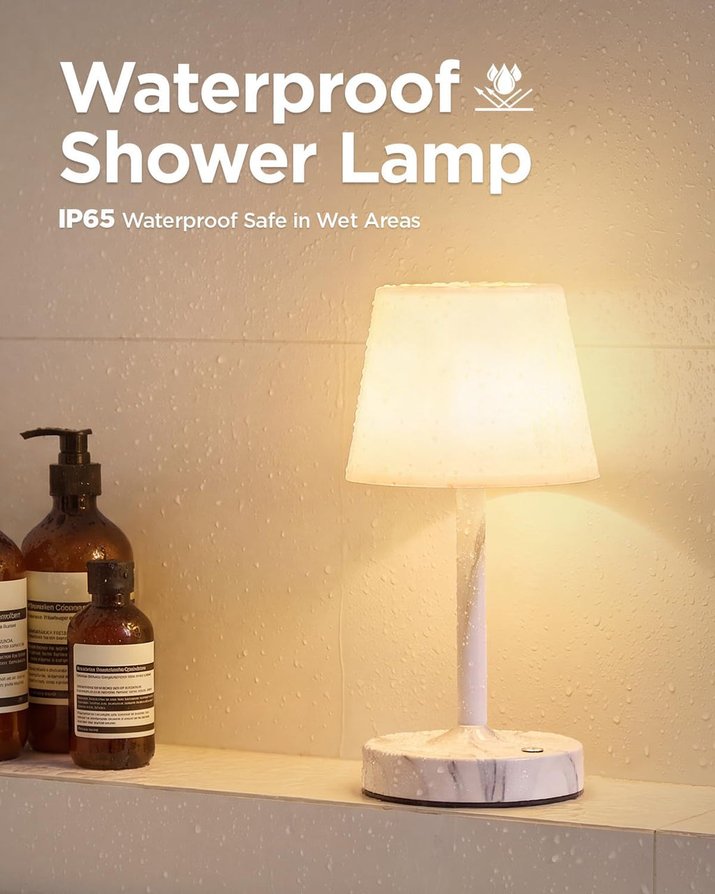 IP65 Waterproof Rechargeable Shower Lamp, Cordless Bathroom Touch Lamps