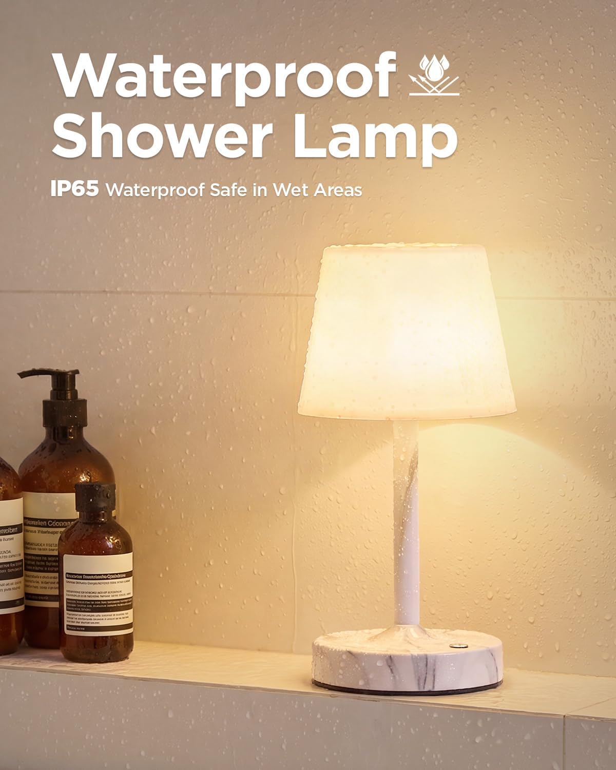 IP65 Waterproof Rechargeable Shower Lamp, Cordless Bathroom Touch Lamps