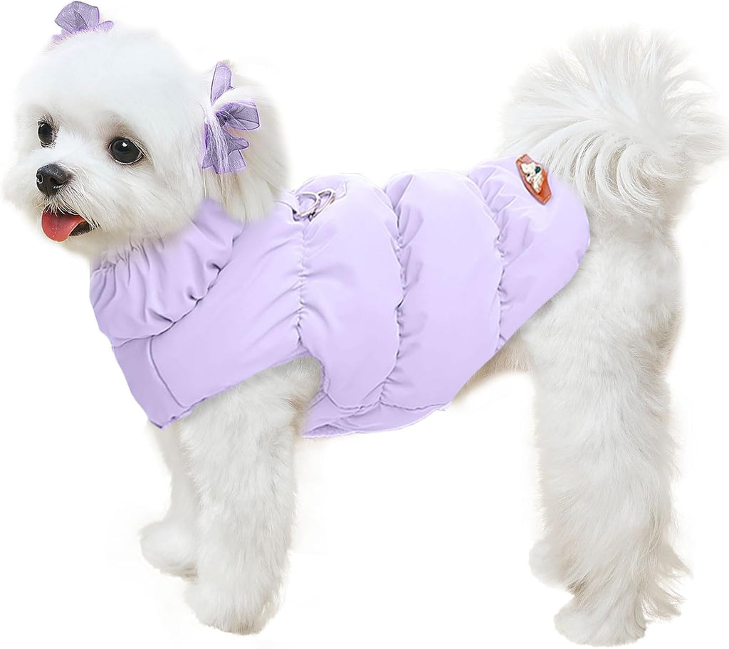 ABRRLO Winter Warm Dog Jacket for Small Medium Dogs Cat Cold Weather Coats with Harness Paded Dog Fleece Vest Waterproof Windproof Dogs Snow Jacket Pet Puppy Clothes (Purple,L)