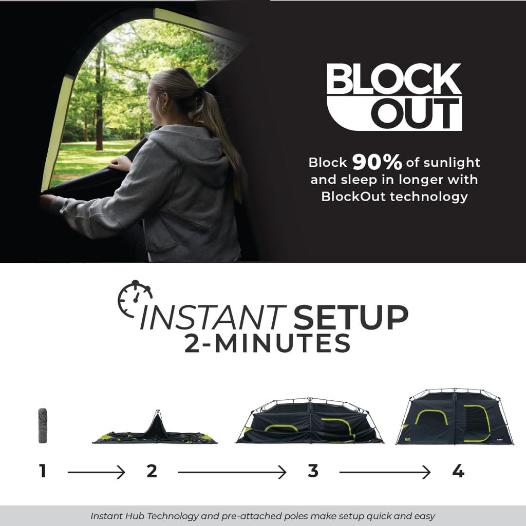CORE Blackout Instant Cabin Tent | Large Family Pop Up Dark Room Tent with Easy Camp Setup | Included Storage Pockets for Outdoor Camping Accessories