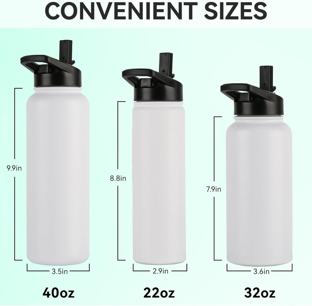 DOMICARE 40 oz Insulated Water Bottle, Vacuum Insulated Stainless Steel Sports Water Bottle with Straw Lid & Spout Lid, Leakproof, Reusable - Travel, Camping, Bike, White