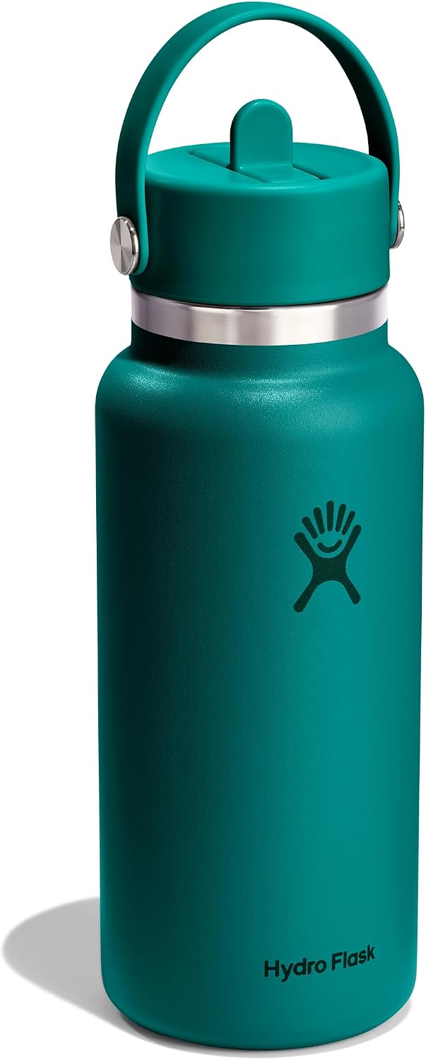 Hydro Flask Water Bottle - Insulated Stainless Steel - Wide Mouth Flex Straw Lid, Non Spill, Leakproof and Refillable in 32 Oz Deep Teal
