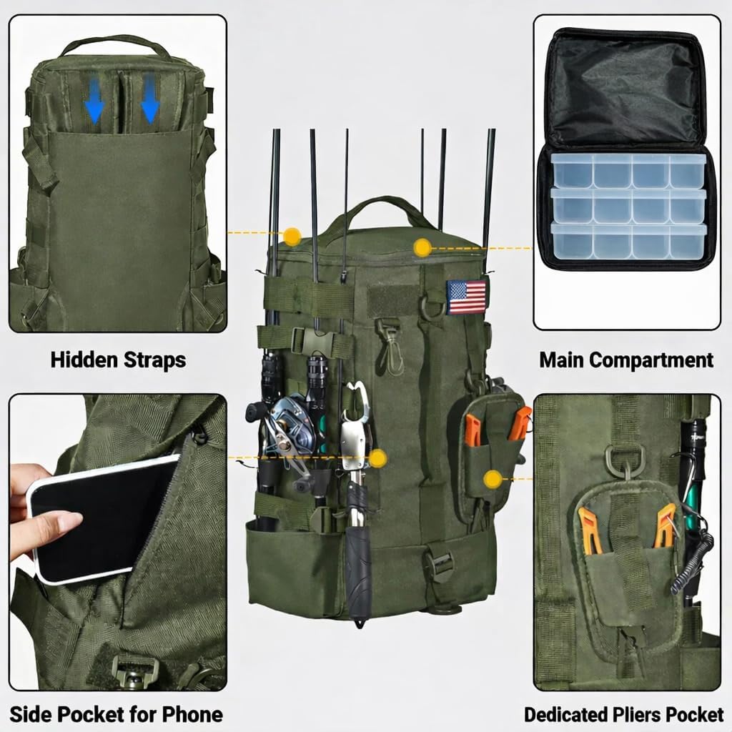 kokkoya Small Fishing Backpack with 2 Rod Holders, 16L Kayak Tackle Bag