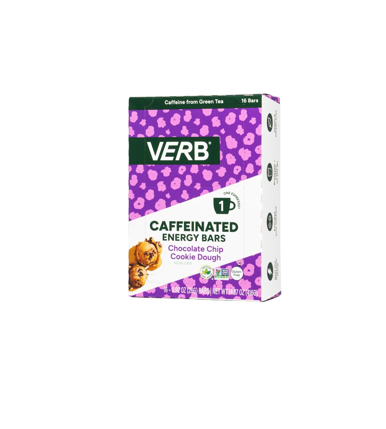 Verb Caffeinated Energy Bars Chocolate Chip Cookie Dough (26g, Pack of 16)
