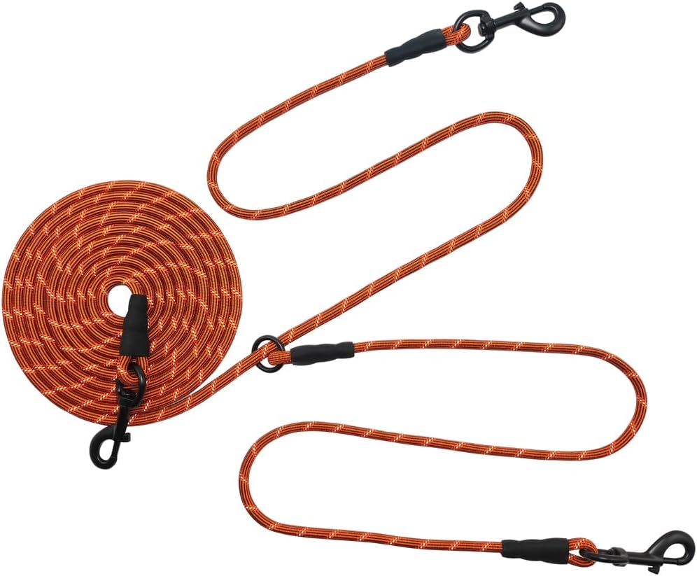 BTINESFUL 12FT 20FT 30FT 50FT Reflective Dog Tie Out for 2 Dogs, No Tangle 1/3 Inch Nylon Rope Long Tether for Two Dogs, Dog Trolley Runner for Yard Outdoor Camping (30ft x 1/3", Blue)