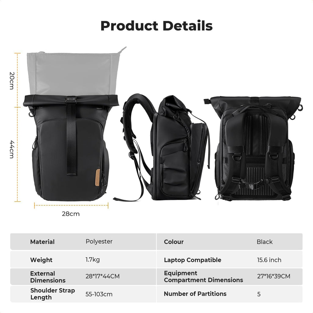 K&F CONCEPT Camera Backpack Bag with 15.6 Inch Laptop Compartment