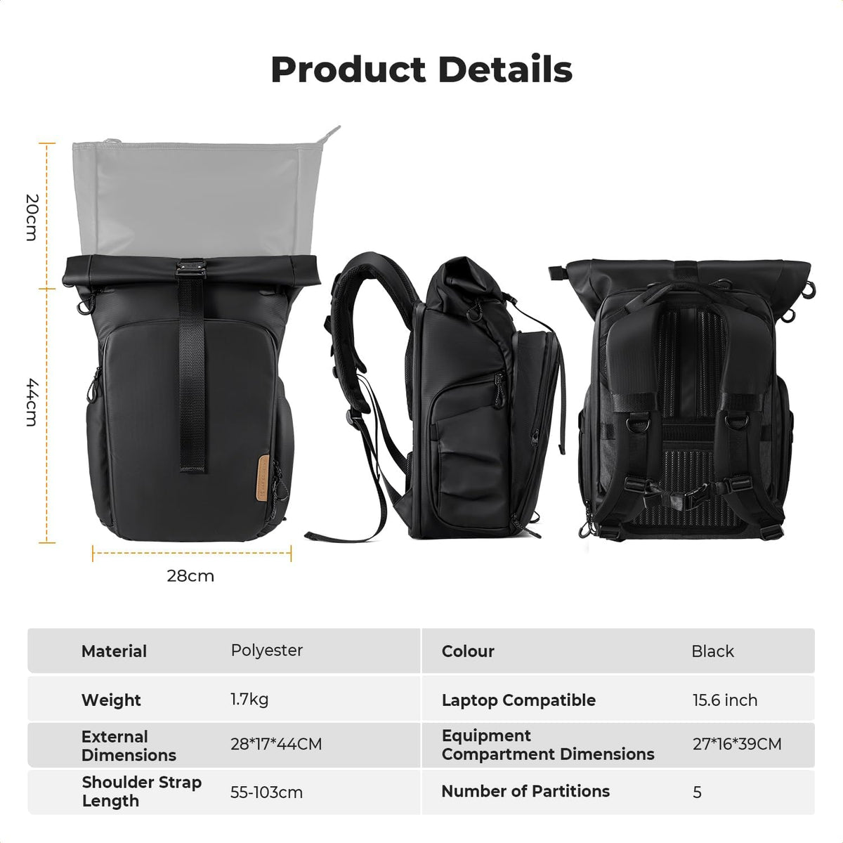 K&F CONCEPT Camera Backpack Bag with 15.6 Inch Laptop Compartment