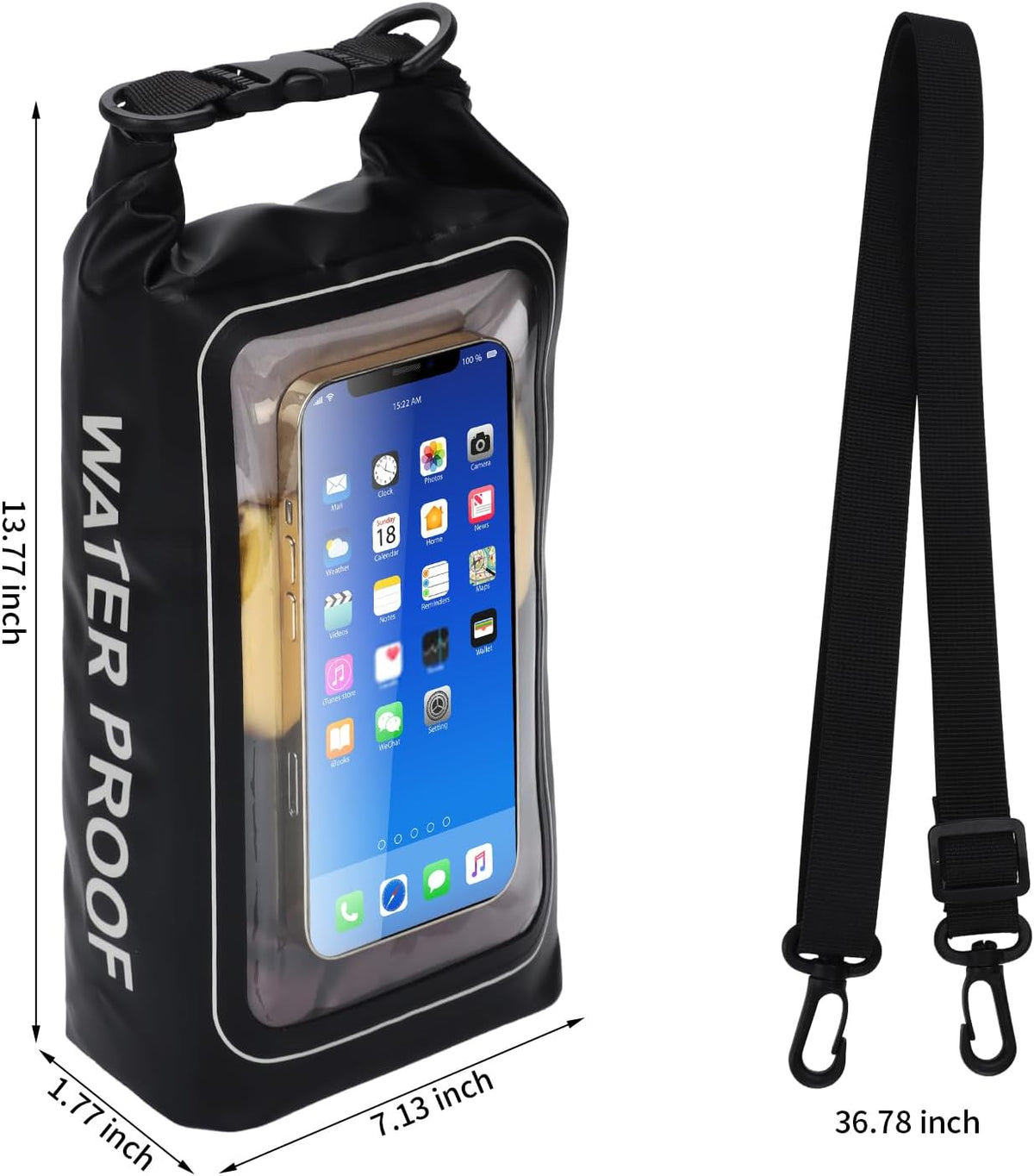IP68 Waterproof Dry Bag, 2L - Roll Top Waterproof Pool Bag，Dry Bags for Kayaking Waterproof-w/Phone Pouch,Large Waterproof Phone Pouch,Boating & Kayak Accessories Camping (Black)