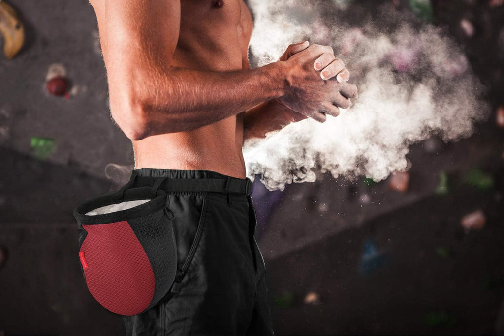 Rhino Valley Climbing Chalk Bag, No Leak Drawstring Chalk Bag with Adjustable Belt, Carabiner Clip and Zippered Pockets Chalk Bag for Rock Climbing, Cross Fit, Weight Lifting & More