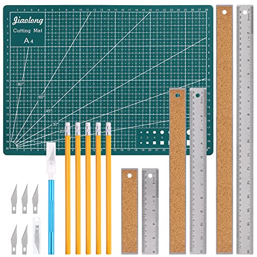 Tanstic 15Pcs 6" 12" 18" Stainless Steel Cork Back Metal Ruler, Non-Slip Cork Backing Rulers with Inch and Centimeters, Non Slip Straight Edge Ruler with Cutting Mat, Pencil, Craft Knife for Office