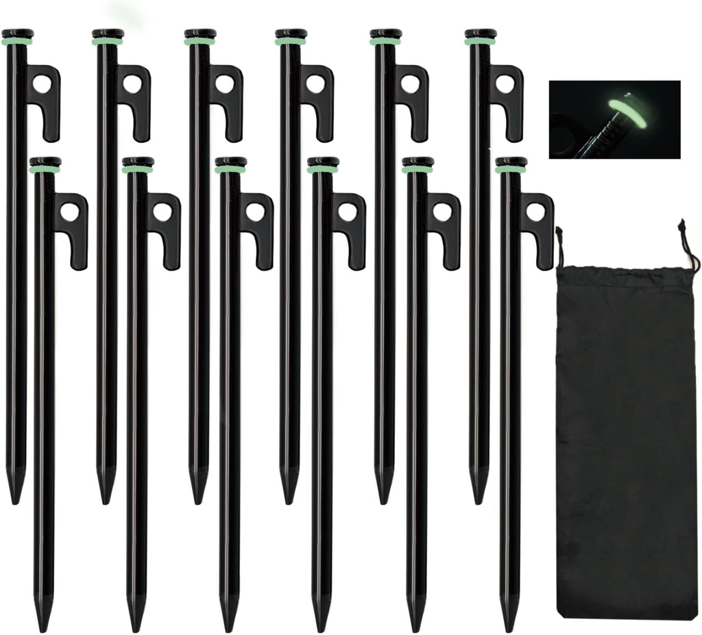 12 Pack Tent Stake with Hammer, 16in Heavy Duty Tent Stakes + 10in Camping Hammer+Storage Pouch, Forged Steel Tent Stakes for Camping Used on Rocks(12 Pack 16in Stakes+Hammer