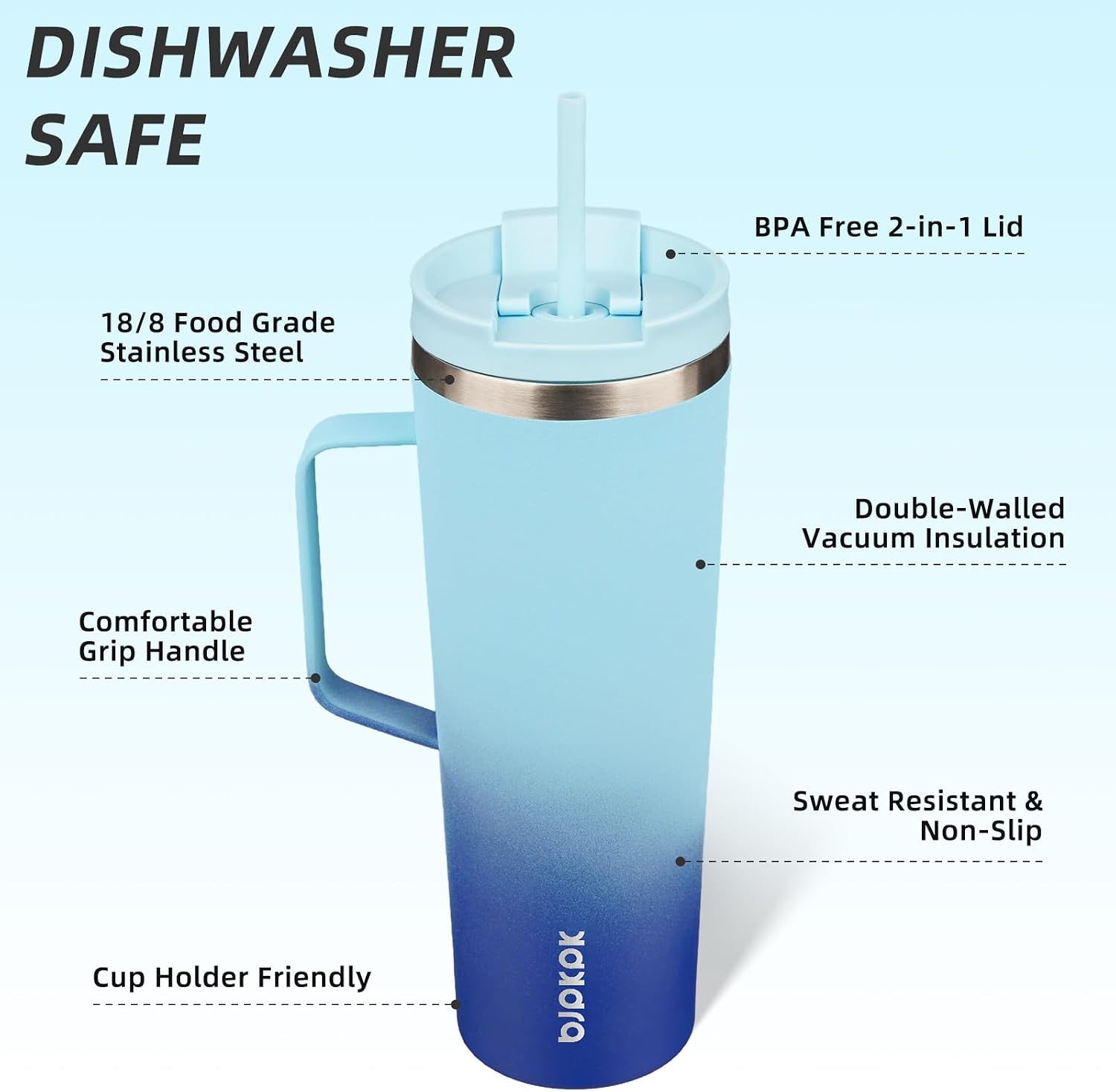 BJPKPK 30oz Insulated Tumbler with Handle, Lid & Straw, Stainless Steel