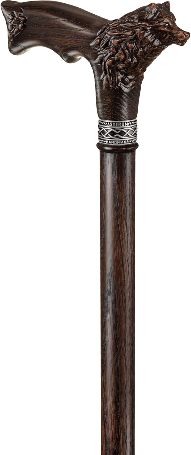Asterom Walking Cane - Handmade Wolf Cane - Cool Walking Canes for Men and Women - Wooden, Carved, Unique - Walking Sticks for Men & Seniors
