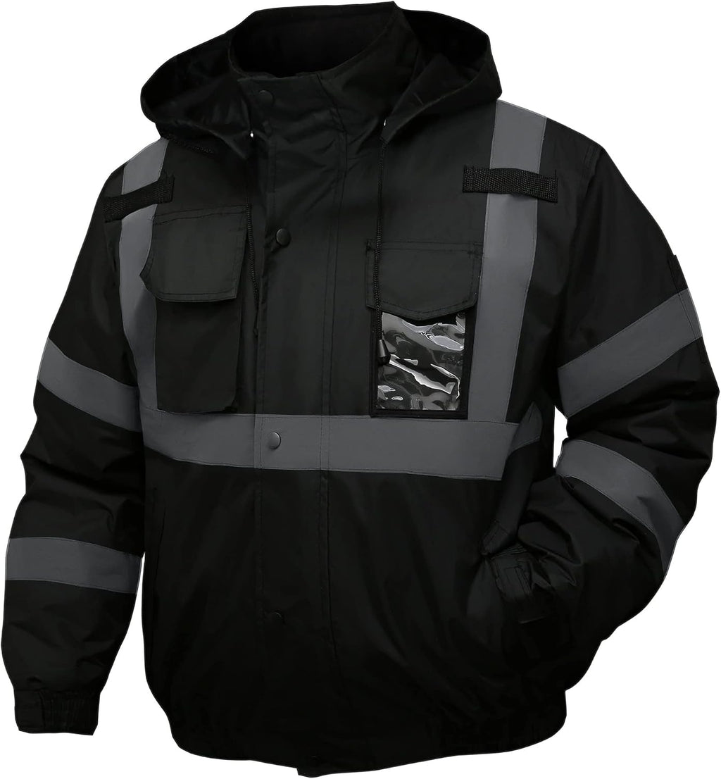 Safety jacket for men,Reflective high Visibility Hooded jacket,Hi-Vis Bomber Jacket with Pockets and Zipper,Waterproof,Black Bottom,ANSI/ISEA 107-2020 Type R Class 3,Black