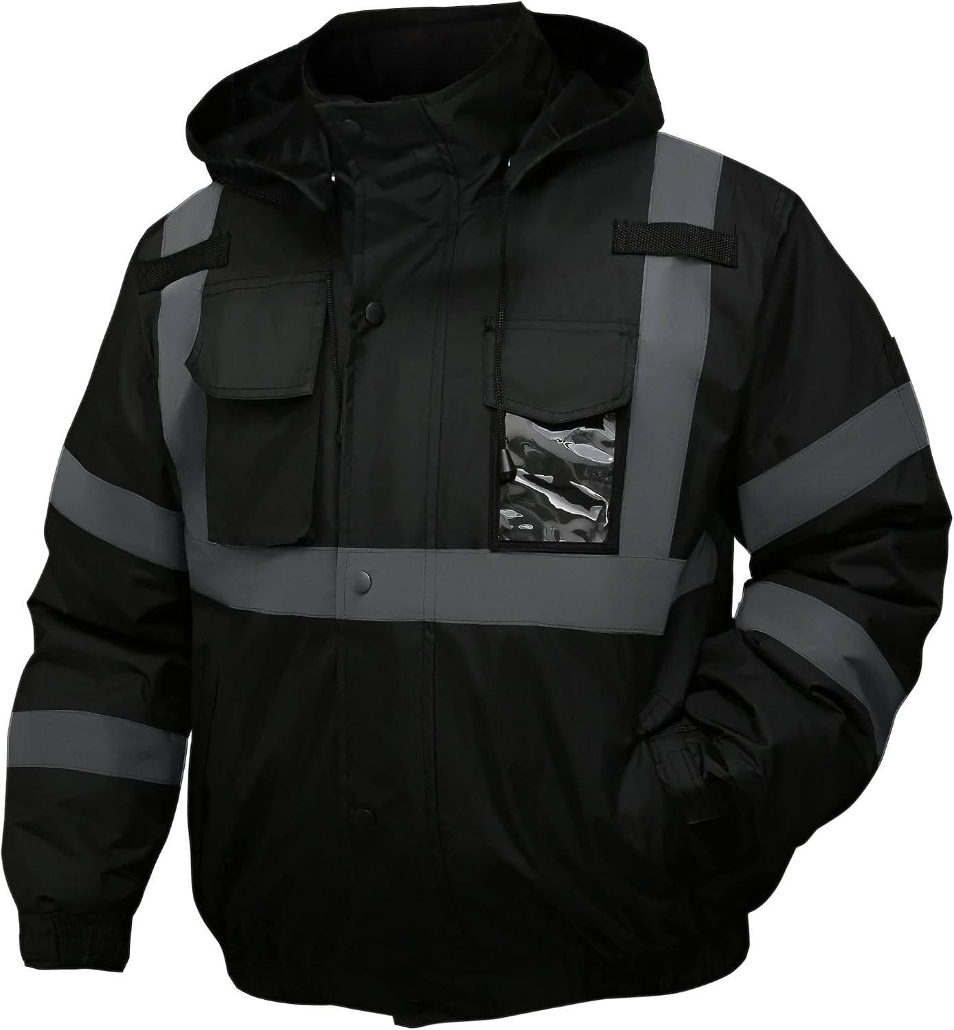 Safety jacket for men,Reflective high Visibility Hooded jacket,Hi-Vis Bomber Jacket with Pockets and Zipper,Waterproof,Black Bottom,ANSI/ISEA 107-2020 Type R Class 3,Black