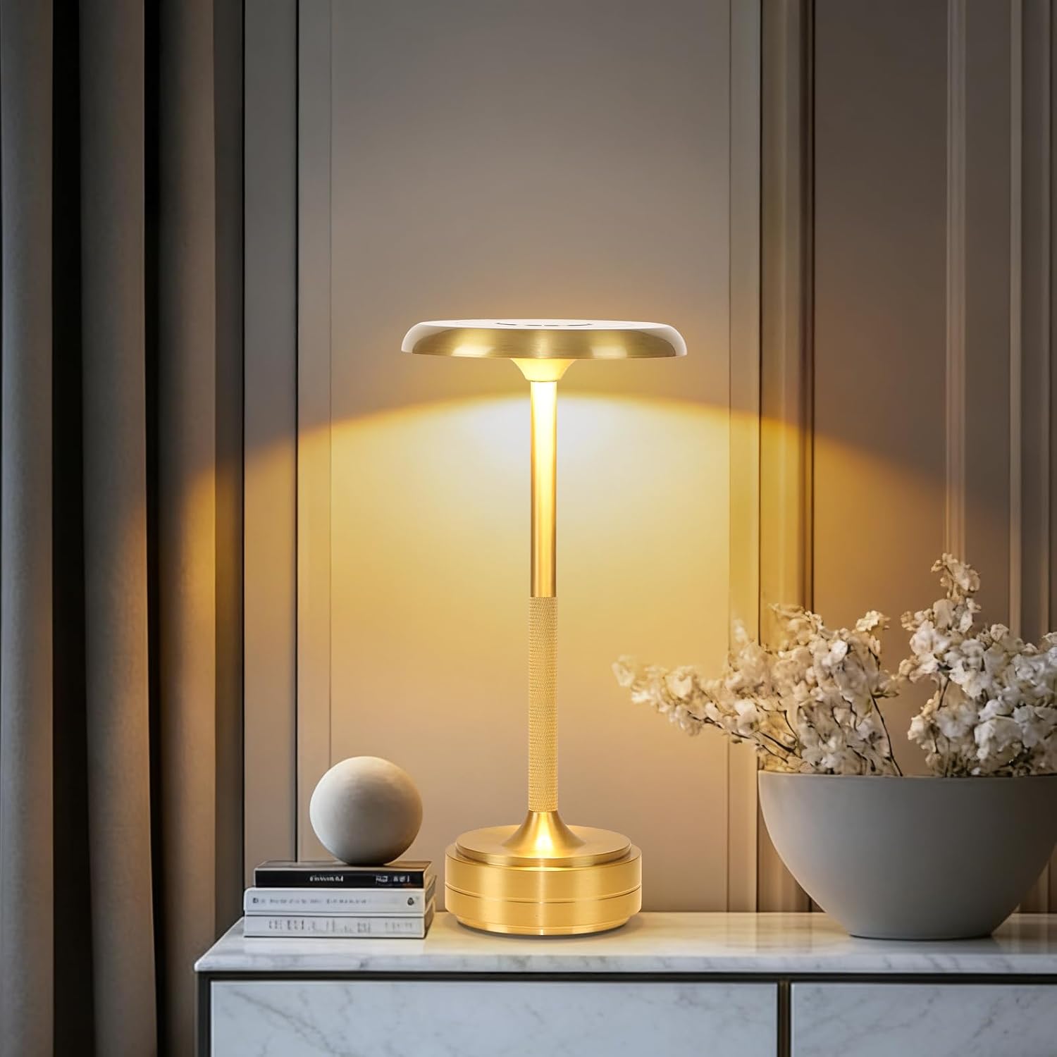 Small Gold Rechargeable Cordless LED Table Lamps Touch Sensor Light, 3-Levels Portable Dimming Wireless Battery Operated Lamp， Nightstand Lamp/Night Light/Restaurant Table/Outdoor/Coffee/Bar (Gold)