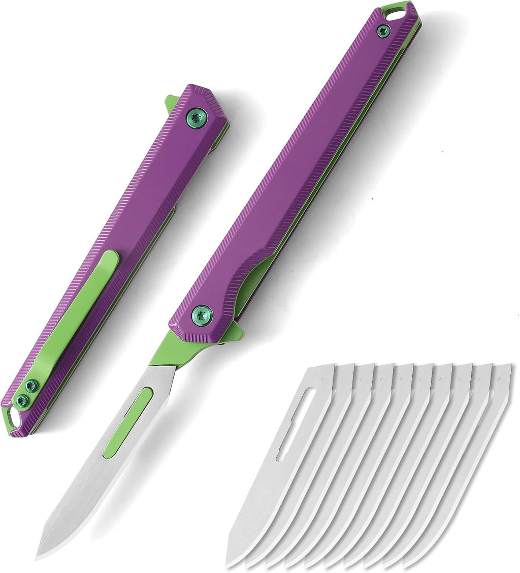 Folding Scalpel Knife, Mini Slim Pocket Knife with 10pcs #60 Scalpels Replaceable Blades, EDC Utility Knife with Liner Lock, Pocket Clip, Ideal Gifts for Men and Women（Black）