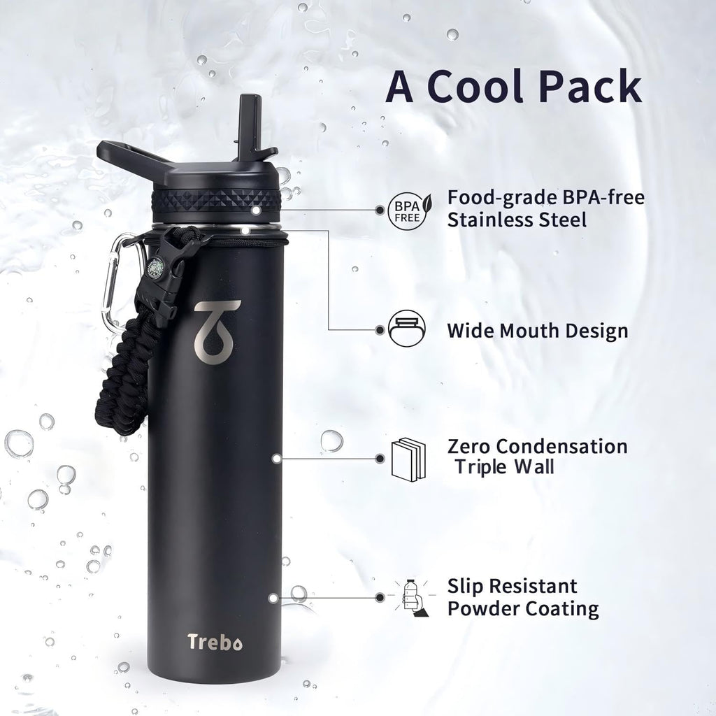 Trebo Insulated Water Bottle 24 oz with 3 Lids, Paracord Handle