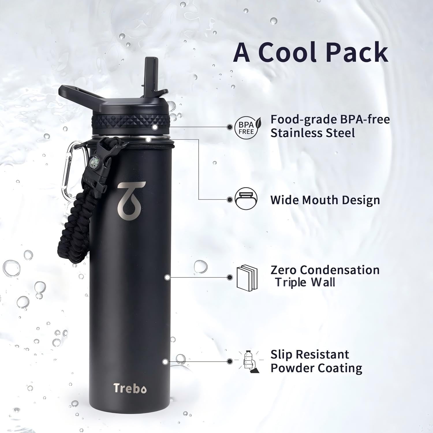 Trebo Insulated Water Bottle 24 oz with 3 Lids, Paracord Handle