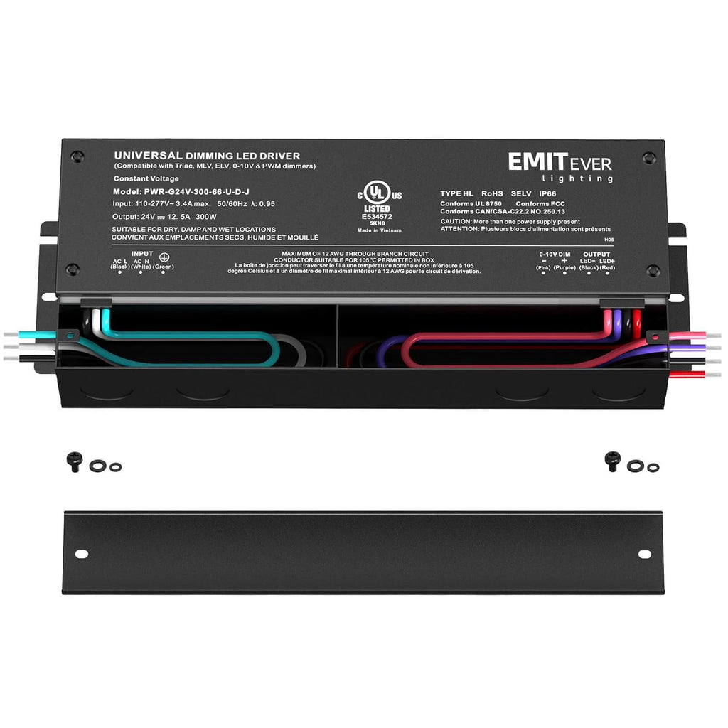 EMITEVER 2-Pack 300W 24V 5-in-1 Dimmable LED Driver, AC 110-277V to DC