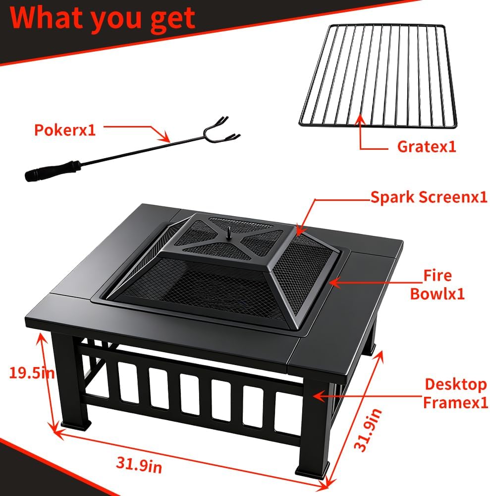 3-in-1 Multifunctional Square Fire Pit Table, 32-Inch Outdoor Metal Fire Pit with Ice Bucket, Black Powder Coated Iron, Charcoal Fueled