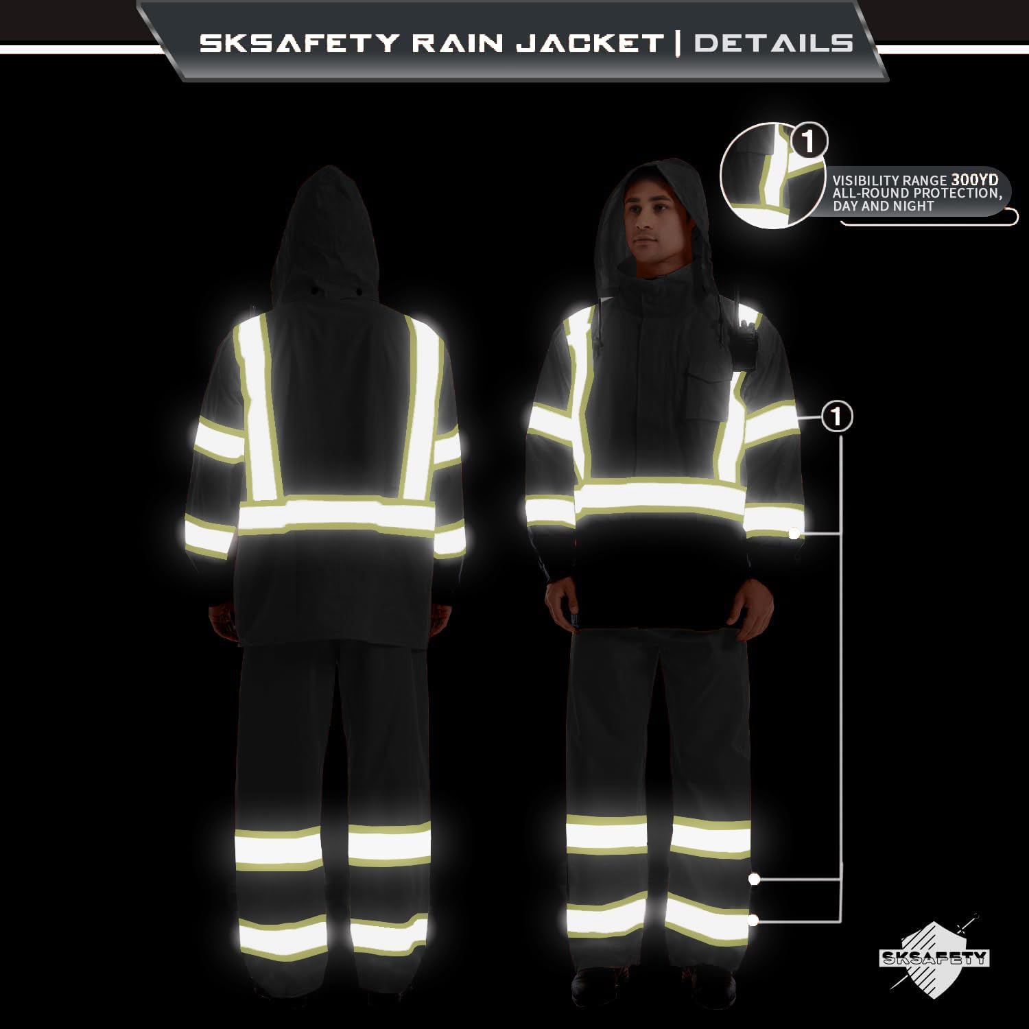 SKSAFETY Hi Vis Safety Rain Jacket for Men, Construction Work Rain Gear Heavy Duty Class 3 Rain Coat Waterproof Lightweight