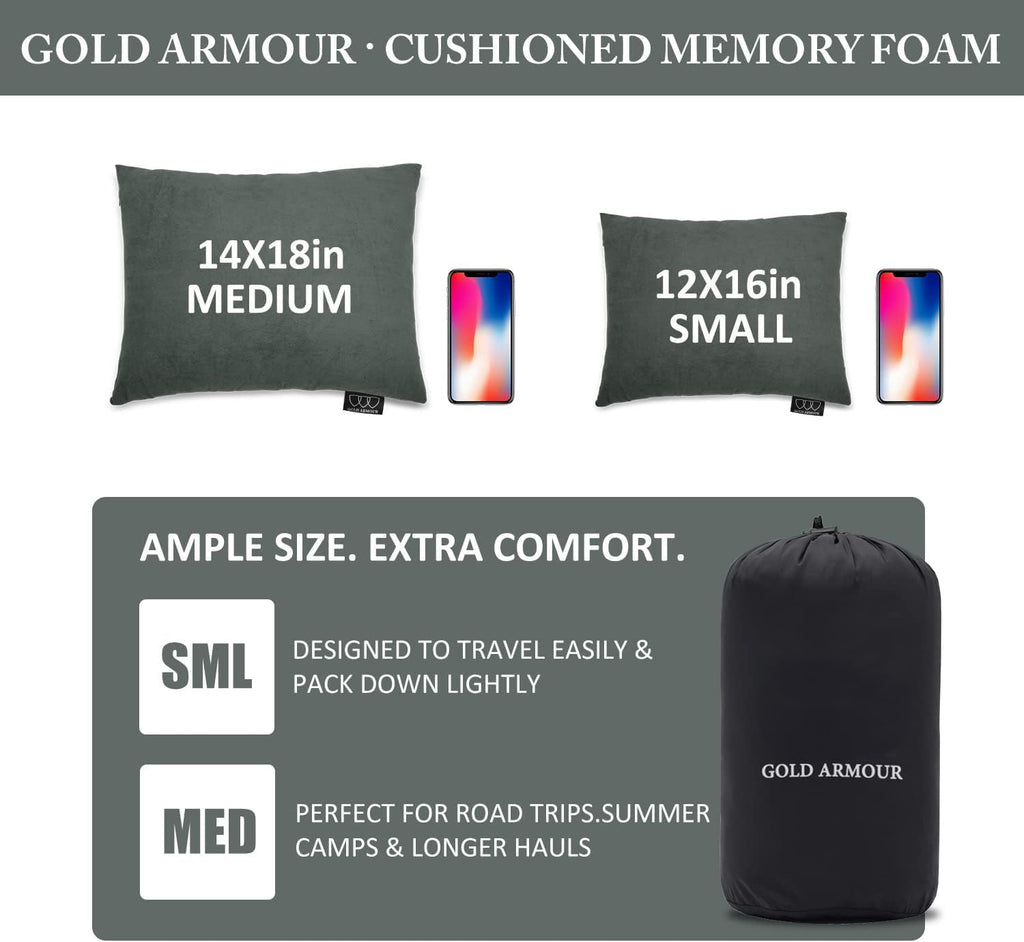 Gold Armour Camping Pillow Memory Foam - Compact Compressible Backpacking, Hammock, and Travel Pillows for Kids and Adults - Essential Outdoor & Camping Gear (Small 12 x 16in, Gray)