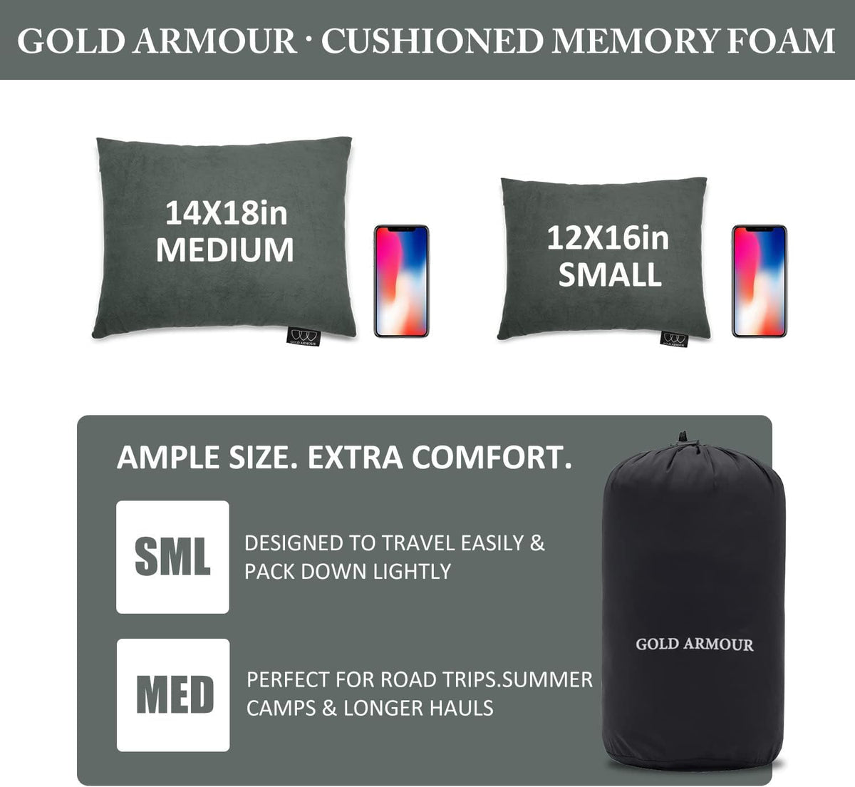 Gold Armour Camping Pillow Memory Foam - Compact Compressible Backpacking, Hammock, and Travel Pillows for Kids and Adults - Essential Outdoor & Camping Gear (Small 12 x 16in, Gray)