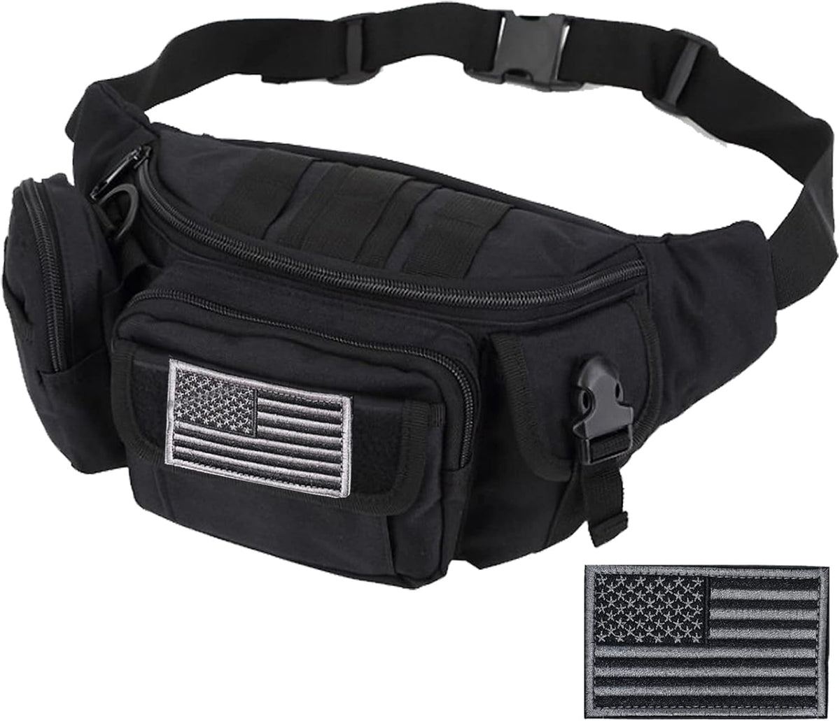 Tactical Fanny Packs, Military Waist Bag Utility Hip Belt Bags for Hiking Climbing Fishing Cycling Hunting with U.S Patch (Black+Black)